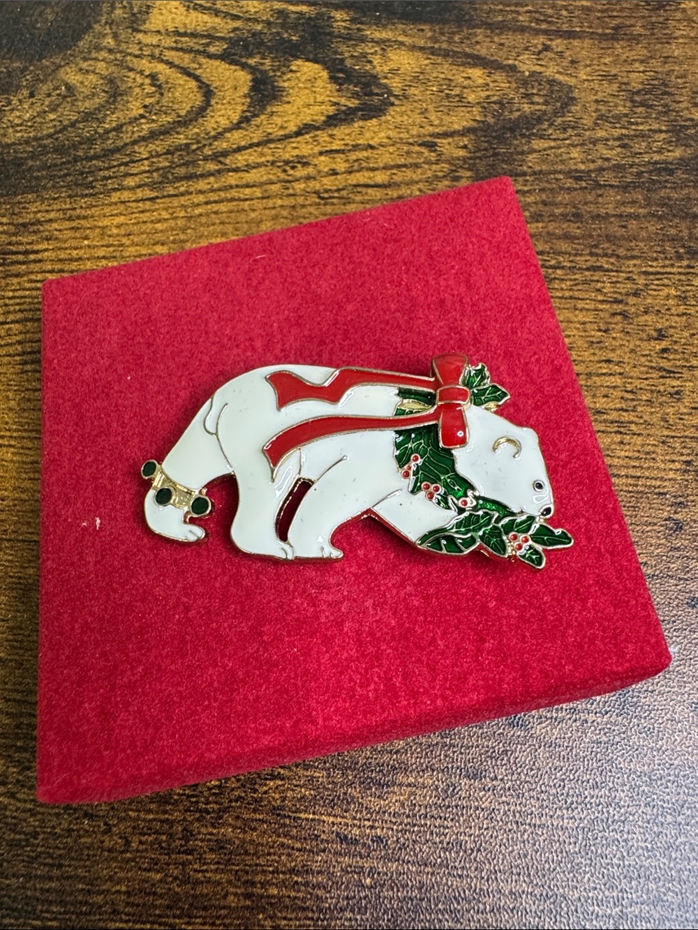 Festive White Polar Bear Brooch with Red Ribbon and Green Holly